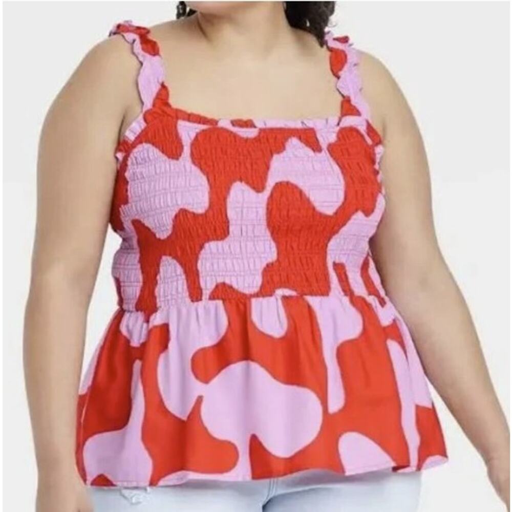 Ava & Viv 1X Red Purple Sleeveless Square Neck Top Smocked Elastic Peplum